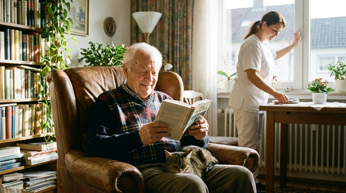 Ein älterer Herr sitzt entspannt in einem bequemen Sessel und liest ein Buch, während eine Pflegekraft im Hintergrund leise das Fenster schließt und das Zimmer ordnet.