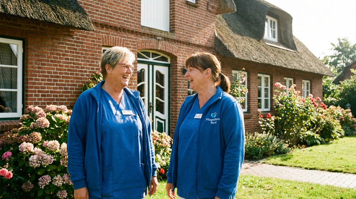 Zwei freundliche Pflegekräfte in Dienstkleidung unterhalten sich lächelnd vor einem typischen norddeutschen Backsteinhaus im hellen Sonnenschein.