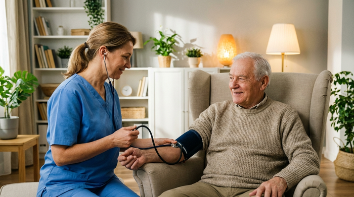 Eine examinierte Pflegekraft misst sanft den Blutdruck eines älteren Herrn, der entspannt in seinem Sessel sitzt. Helles, aufgeräumtes Wohnzimmer, warme Beleuchtung, realistische Szene ohne Text.