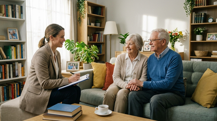 Ein älteres Ehepaar sitzt gemeinsam mit einer Gutachterin auf einem komfortablen Sofa. Die Gutachterin macht sich Notizen auf einem Klemmbrett. Freundliche, ruhige Gesprächssituation in einem ordentlichen Wohnzimmer.