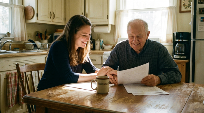 Eine erwachsene Tochter und ihr älterer Vater sitzen am Küchentisch und schauen gemeinsam und entspannt auf einige Dokumente. Eine Tasse Kaffee steht auf dem Tisch. Klare, positive Stimmung.