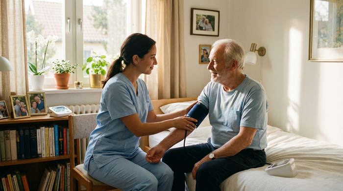 Eine professionelle Pflegekraft in sauberer, hellblauer Berufskleidung misst behutsam den Blutdruck eines lächelnden älteren Herrn in seinem aufgeräumten, sonnendurchfluteten Schlafzimmer. Realistische, vertrauensvolle Atmosphäre.