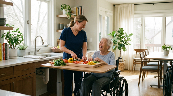 Eine geduldige Betreuerin und eine ältere Frau kochen gemeinsam in einer modernen, barrierefreien Küche. Beide lachen fröhlich, während sie frisches Gemüse schneiden. Helle, warme und freundliche Umgebung.