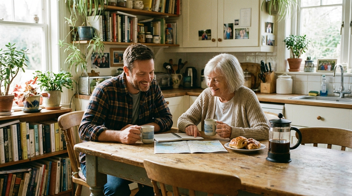 Ein erwachsener Sohn sitzt mit seiner älteren Mutter am Esstisch, beide schauen entspannt und zufrieden, während sie gemeinsam bei einer Tasse Kaffee den Tag planen. Ein friedlicher Moment in einem gemütlichen Zuhause.