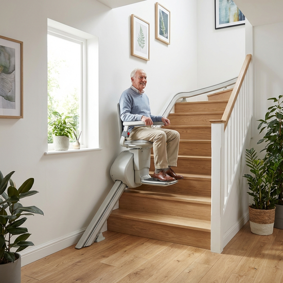 Ein moderner, unauffälliger Treppenlift in einem gepflegten Treppenhaus eines Einfamilienhauses. Ein älterer Herr fährt darauf sicher und entspannt nach oben. Helle Beleuchtung, sauberes und sicheres Umfeld.