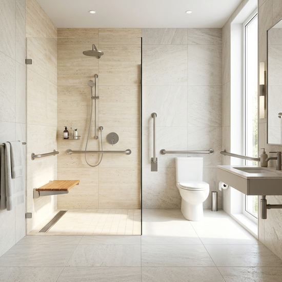 Ein elegant gestaltetes, barrierefreies Badezimmer mit einer ebenerdigen Dusche, stilvollen Haltegriffen und hellen Fliesen. Ein sicherer und komfortabler Raum für Senioren.