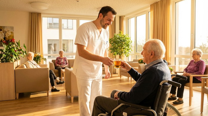 Ein freundlicher männlicher Pfleger in weißer Arbeitskleidung reicht einem älteren Herrn im Rollstuhl eine Tasse Tee in einem modernen, sonnendurchfluteten Aufenthaltsraum.