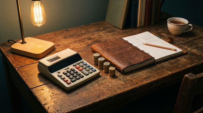 Ein Taschenrechner, ein Notizbuch und ordentlich gestapelte Euro-Münzen liegen auf einem rustikalen Schreibtisch, beleuchtet von einer warmen Schreibtischlampe.