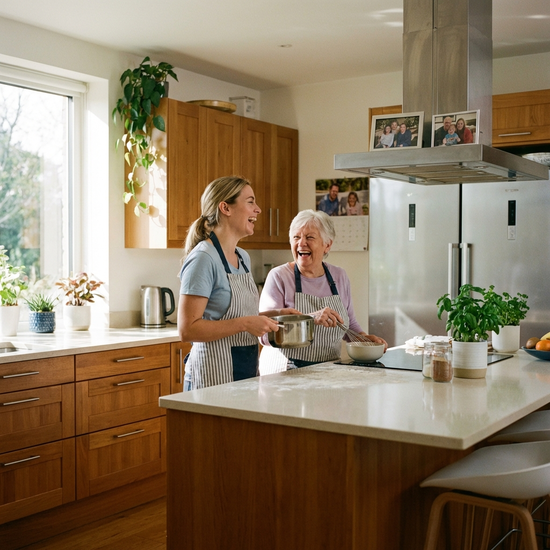 Eine fürsorgliche Betreuerin lacht gemeinsam mit einer Seniorin beim Kochen in einer sauberen, gut ausgestatteten heimischen Küche.
