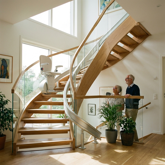 Ein moderner Treppenlift gleitet an einer eleganten Holztreppe in einem gepflegten, hellen Einfamilienhaus empor.