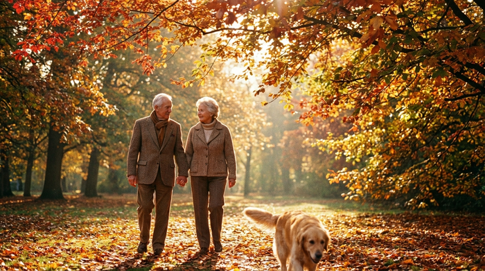Ein älteres Ehepaar spaziert Hand in Hand durch einen herbstlichen Park, umgeben von bunten Blättern und warmem Sonnenlicht.