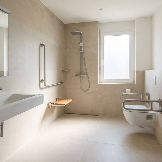 Ein modern umgebautes, barrierefreies Badezimmer mit einer großzügigen, bodengleichen Dusche. Helle Fliesen, ein sicherer Haltegriff an der Wand und ein Duschsitz. Alles wirkt sauber, sicher und zugänglich.