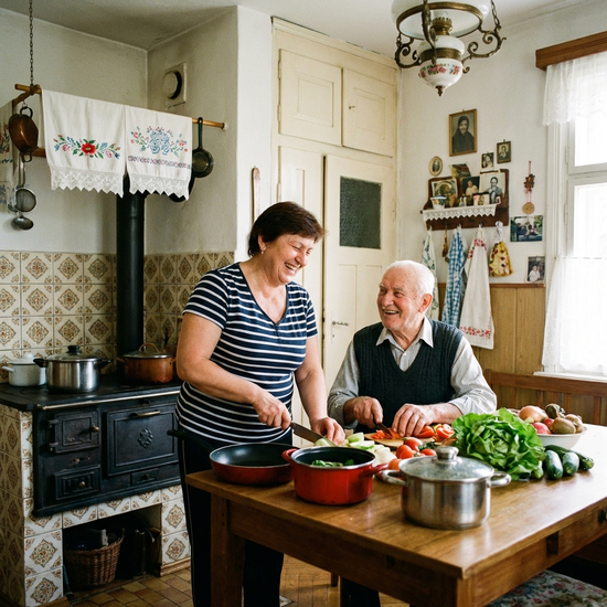 Eine herzliche osteuropäische Betreuungskraft kocht gemeinsam mit einem lächelnden Senior in einer gemütlichen, altmodischen Küche. Beide schneiden Gemüse und haben sichtlich Freude an der gemeinsamen Aktivität.