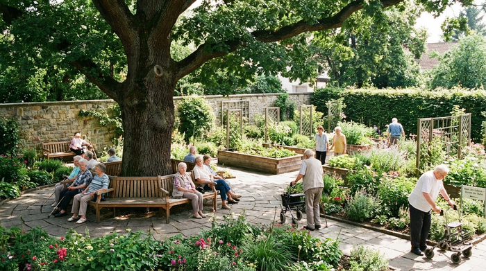 Ein sonniger, geschützter Garten einer Pflegeeinrichtung. Mehrere Senioren sitzen auf Holzbänken unter einem großen Baum, einige spazieren langsam über die gepflasterten Wege. Eine friedliche und sichere Umgebung voller Pflanzen.