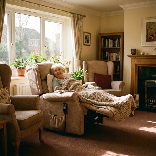 Ein gemütlicher Ruheraum in einer Pflegeeinrichtung mit bequemen, verstellbaren Sesseln. Eine ältere Dame ruht sich entspannt aus, eingekuschelt in eine weiche Decke, sanftes Sonnenlicht fällt durch das Fenster.