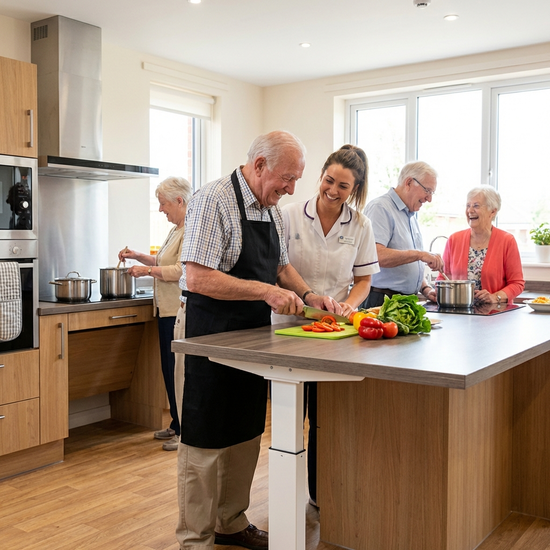Eine Gruppe von Senioren beim gemeinsamen Kochen in einer barrierefreien, modernen Küche. Ein älterer Herr schneidet frisches Gemüse, während eine Pflegekraft freundlich assistiert. Helle, saubere Umgebung.