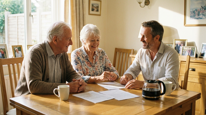 Ein älteres Ehepaar sitzt am heimischen Esstisch und bespricht lächelnd Dokumente mit einem professionellen Pflegeberater. Auf dem Tisch liegen übersichtliche Papiere und eine Kaffeetasse. Vertrauensvolle und positive Stimmung.