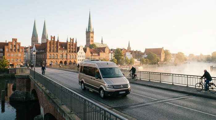 Ein moderner, komfortabler Kleinbus fährt über eine malerische Brücke in Lübeck. Sanftes Morgenlicht beleuchtet die historische Altstadt im Hintergrund. Klare, realistische Szene ohne Text.