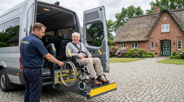 Ein professioneller Fahrer bedient konzentriert die hydraulische Hebebühne eines Transportbusses, auf der ein älterer Herr im Rollstuhl sicher steht. Die Umgebung ist eine ruhige, saubere Auffahrt vor einem norddeutschen Haus.