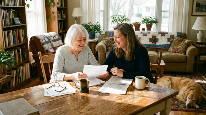 Eine ältere Frau sitzt entspannt an einem Holztisch bei einer Tasse Kaffee und lächelt, während sie mit ihrer erwachsenen Tochter Dokumente durchgeht. Helle, gemütliche Wohnzimmeratmosphäre mit weichem Tageslicht.