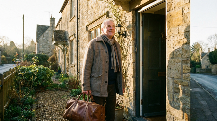 Ein freundlicher Senior in einer warmen Jacke steht mit einer gepackten Tasche abfahrbereit an seiner geöffneten Haustür. Er blickt erwartungsvoll und fröhlich nach draußen in die Morgensonne.