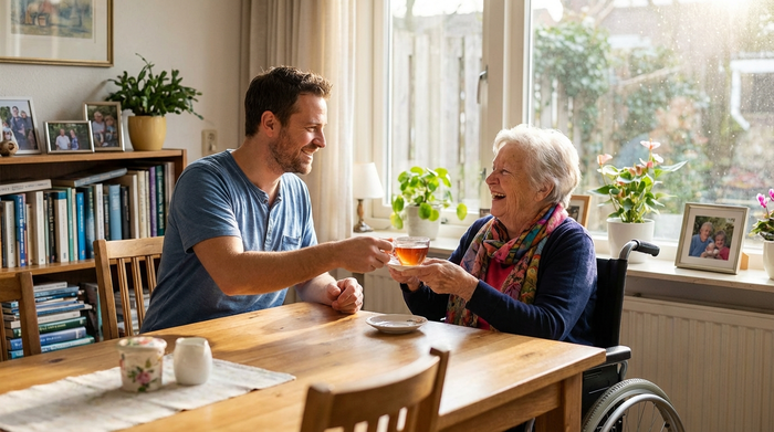 Ein freundlicher Pfleger reicht einer lächelnden älteren Dame am Esstisch eine Tasse Tee. Helles Tageslicht fällt durch das Fenster. Warme, einladende Umgebung mit liebevoller Betreuungssituation.