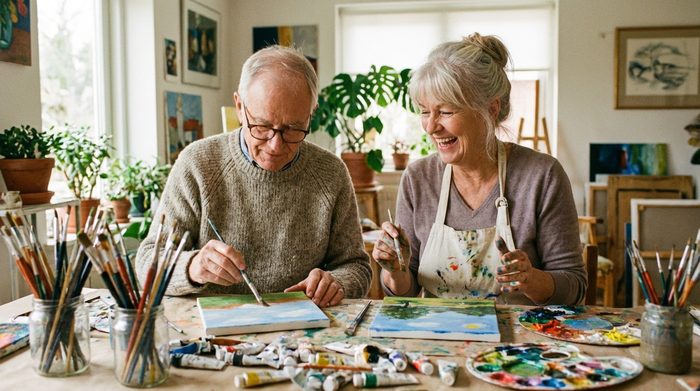 Zwei Senioren sitzen nebeneinander und bemalen konzentriert kleine Leinwände mit bunten Farben. Auf dem Tisch liegen Pinsel und Farbpaletten. Helle, kreative Atmosphäre in einem freundlichen Raum.