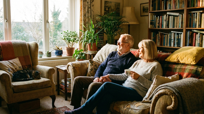 Ein älteres Ehepaar sitzt entspannt auf einem Sofa im heimischen Wohnzimmer und blickt zufrieden aus dem Fenster. Warme Beleuchtung, gemütliche Einrichtung mit Kissen und Pflanzen, friedliche Stimmung.