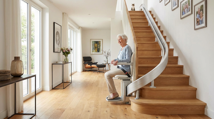 Ein moderner, sicherer Treppenlift in einem hellen Einfamilienhaus. Eine ältere Person fährt entspannt und sicher die Holztreppe hinauf. Gut beleuchteter Flur, realistische Wohnumgebung.