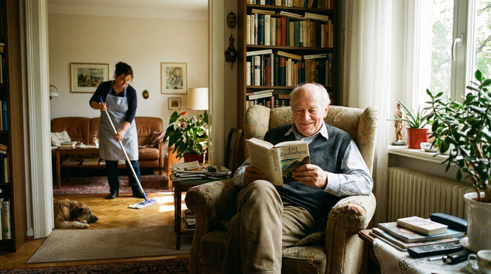 Ein älterer Herr sitzt entspannt in seinem Sessel in einem gemütlichen Zuhause und liest ein Buch, während im Hintergrund eine Reinigungskraft den Boden wischt. Realistische Szene, helles Tageslicht.
