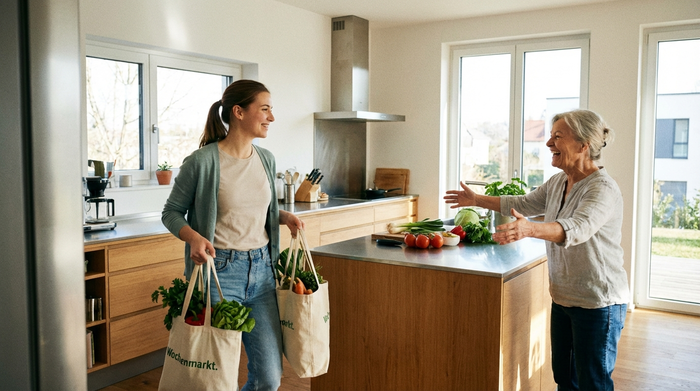 Eine junge, hilfsbereite Frau trägt zwei Einkaufstaschen mit frischem Gemüse und Obst in eine moderne Küche, in der eine ältere Dame sie freudig begrüßt. Saubere Umgebung, realistische Fotografie.