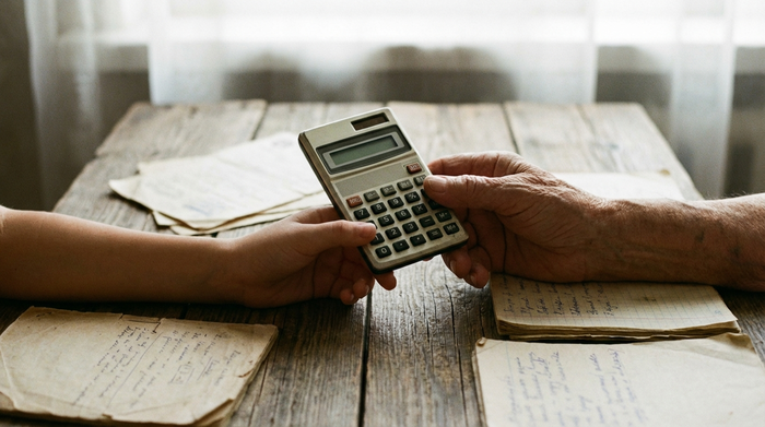 Zwei Hände, eine jung und eine alt, halten gemeinsam einen Taschenrechner über einem Holztisch mit einigen Dokumenten. Fokussiert auf die Hände und den Tisch, weiches Licht, keine lesbaren Texte.