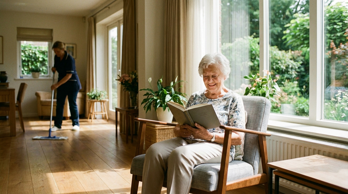 Eine rüstige ältere Dame entspannt sich in einem sauberen, aufgeräumten Wohnzimmer mit Blick auf einen Garten, während im Hintergrund verschwommen eine Reinigungskraft den Boden wischt. Helles Sonnenlicht, saubere und ordentliche Umgebung.