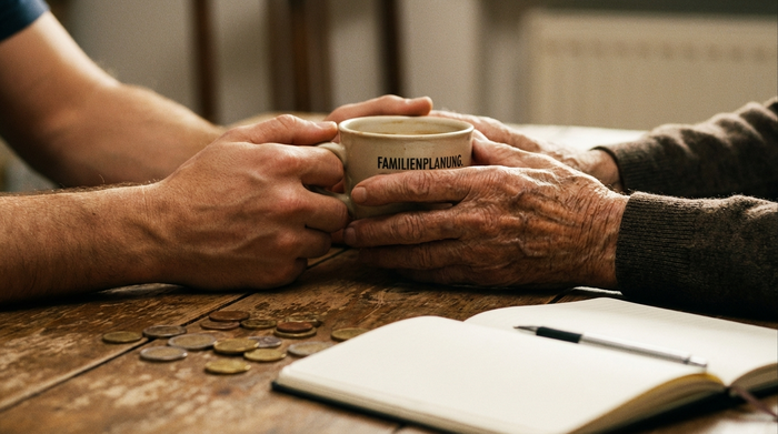 Zwei Hände, eine jüngere und eine ältere, halten gemeinsam eine Kaffeetasse. Auf dem Holztisch liegen ein paar Münzen und ein leeres Notizbuch. Warme Beleuchtung, Fokus auf die Hände und die verbundene Geste, symbolisiert finanzielle Planung und Unterstützung.