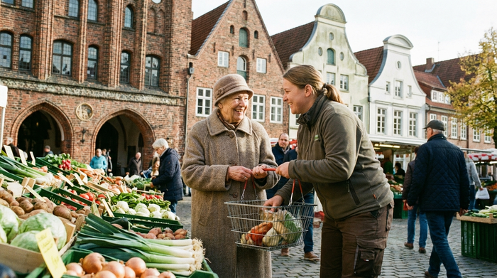 Eine ältere Frau kauft gemeinsam mit ihrer Betreuerin frisches Gemüse an einem bunten Marktstand in der Lübecker Altstadt. Beide lächeln sich an, im Hintergrund historische Backsteinfassaden. Lebendige, authentische Alltagsszene ohne Text.