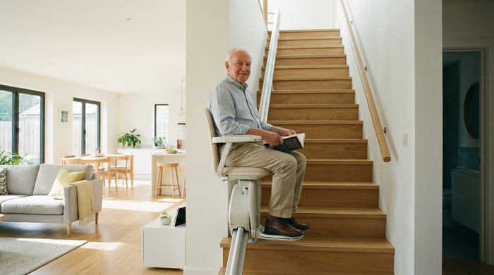 Ein moderner, unauffälliger Treppenlift in einem gepflegten, hellen Einfamilienhaus. Ein älterer Herr fährt sicher und entspannt die Holztreppe hinauf. Praktische Alltagshilfe, sauberes und sicheres Wohnumfeld.