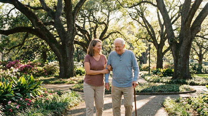 Eine fürsorgliche Betreuungskraft hilft einem älteren Herrn beim Spaziergang durch einen grünen Park mit alten Bäumen. Beide lächeln, sonniges Wetter, gepflegte Umgebung, realistische Fotografie ohne Text.