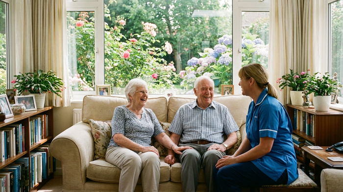 Ein älteres Ehepaar sitzt entspannt auf einem bequemen Sofa im heimischen Wohnzimmer und unterhält sich angeregt mit einer sympathischen Pflegekraft. Im Hintergrund ein helles Fenster mit Blick auf einen blühenden Garten.