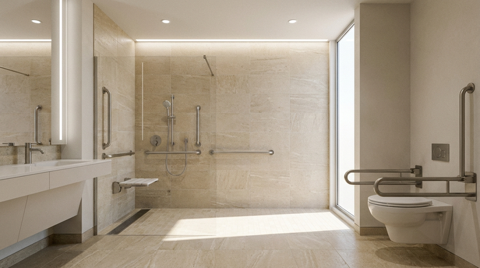 Ein modernes, helles Badezimmer mit einer bodengleichen, barrierefreien Dusche und stabilen Haltegriffen an den Wänden. Sauber, sicher, gut beleuchtet, ohne Personen oder Text, realistische Architekturfotografie.