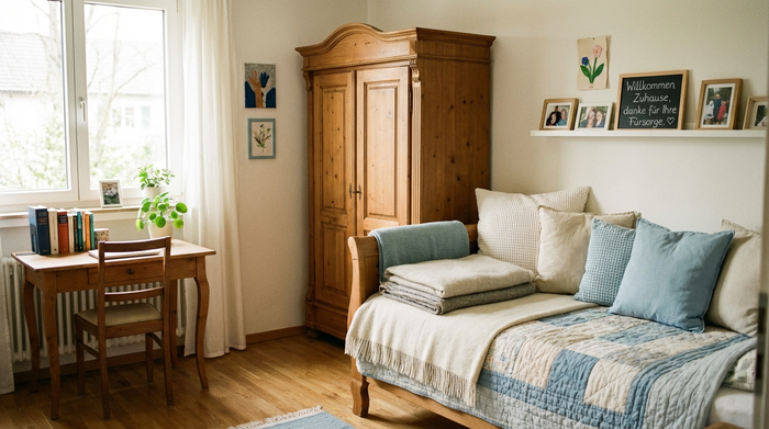 Ein liebevoll eingerichtetes Gästezimmer für eine Betreuungskraft, mit einem gemütlichen Bett, einem Holzschrank und einem kleinen Schreibtisch am Fenster. Helle Farben, einladend, ordentlich, sanftes Tageslicht.