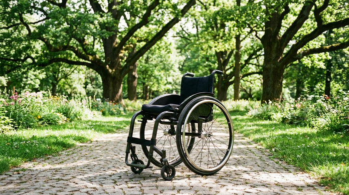 Ein moderner Leichtgewichtrollstuhl steht unbesetzt auf einem gepflasterten Weg in einem grünen, sonnigen Park mit alten Bäumen.