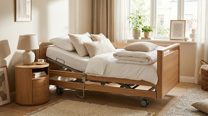 Ein helles, gemütliches Schlafzimmer mit einem modernen, elektrisch verstellbaren Pflegebett, ordentlich gemacht mit weißen Laken und weichen Kissen, daneben ein Nachttisch aus Holz.