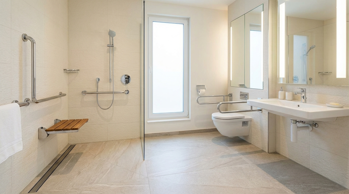 Ein barrierefreies, modernes Badezimmer mit einer bodengleichen Dusche, eleganten Haltegriffen an den hellen Fliesen und einem rutschfesten Boden.