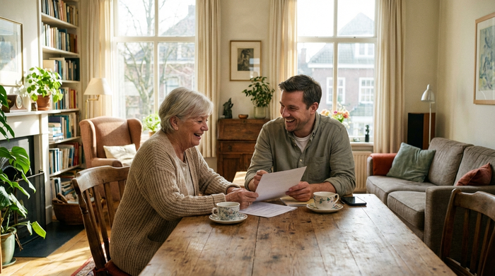 Eine ältere Dame sitzt mit einem freundlichen Berater an einem Holztisch in einem hellen Wohnzimmer und bespricht entspannt Dokumente.