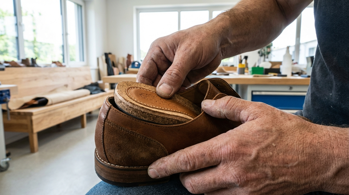 Nahaufnahme der Hände eines Orthopädie-Schuhtechnikers, der in einer hellen, modernen Werkstatt eine maßgefertigte Kork-Leder-Einlage in einen bequemen Halbschuh einpasst. Realistisches Handwerk, detailreich, ohne Text.