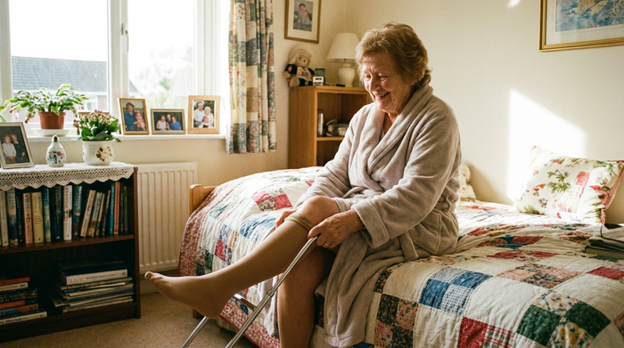 Eine ältere Dame sitzt morgens lächelnd auf der Bettkante und zieht sich mit einer metallenen Anziehhilfe mühelos einen beigefarbenen Kompressionsstrumpf an. Helles, gemütliches Schlafzimmer, realistische Szene.