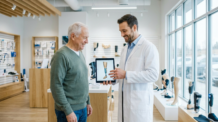 Ein freundlicher Berater im weißen Kittel zeigt einem Senior in einem modernen, gut beleuchteten Sanitätshaus ein Tablet mit einem digitalen 3D-Modell eines Beines. Vertrauensvolle und professionelle Stimmung, saubere Umgebung.