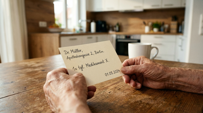 Eine Nahaufnahme von sanften, älteren Händen, die sorgfältig ein ärztliches Rezept auf einem sauberen Holztisch halten. Im Hintergrund ist unscharf eine weiße Kaffeetasse und eine moderne Küchenzeile zu erkennen. Helle, beruhigende Beleuchtung.
