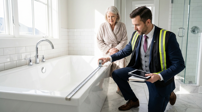 Ein professioneller Berater in ordentlicher Arbeitskleidung kniet in einem hellen, sauberen Badezimmer und misst mit einem Maßband den Rand einer weißen Badewanne aus. Im Hintergrund steht eine ältere Dame im Bademantel und schaut interessiert zu.