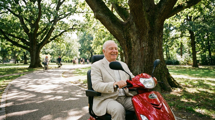 Ein rüstiger Senior fährt an einem sonnigen Tag mit einem modernen, roten Elektromobil durch einen grünen Park mit alten Bäumen. Er trägt eine leichte Jacke und lächelt entspannt, während er die frische Luft genießt.